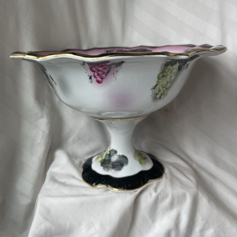Nippon Porcelain Grapes Pedestal Compote Bowl, Black Rim Pink Trim